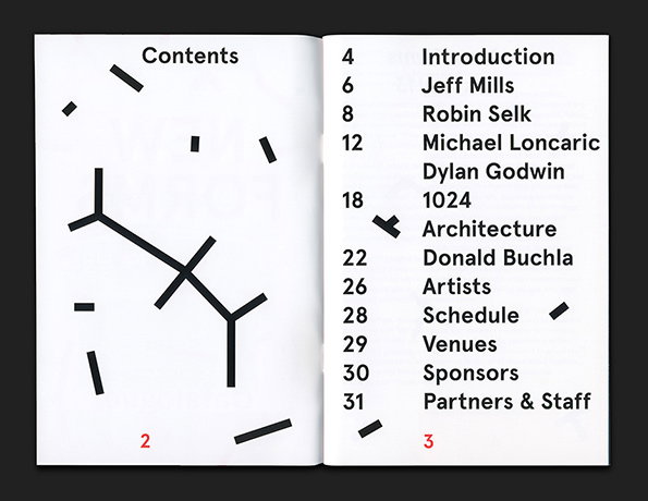 An open booklet showing a table of contents. The left page features a minimalist abstract composition of black lines, while the right page lists sections including “Introduction”, “Jeff Mills” and “Architecture”.