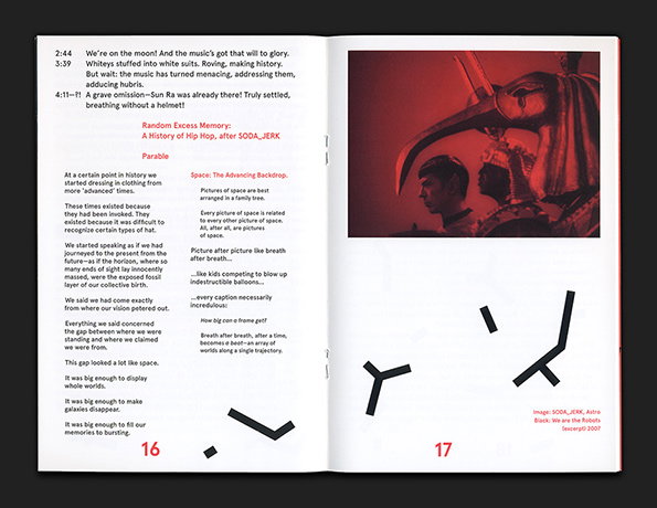 An open book showing a layout of text and a photograph. The right page features a close-up of a person looking up at a large, curved red sculpture.