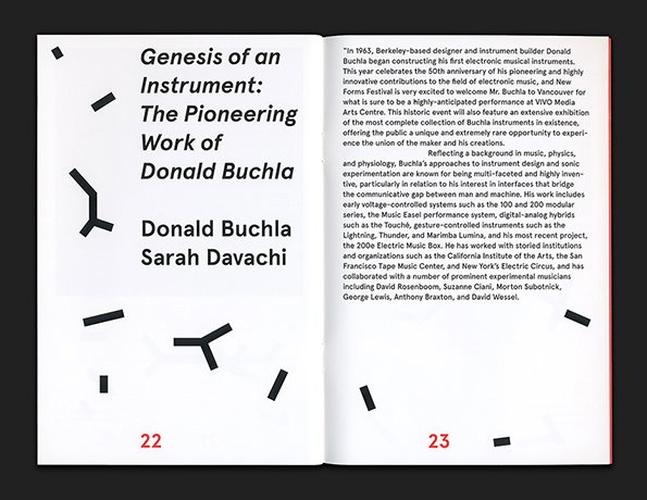 An open book shows a title page and an introductory text. The left page reads “Genesis of an Instrument: The Pioneering Work of Donald Buchla” and lists the names “Donald Buchla” and “Sarah Davachi”.