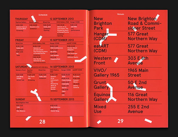 An open red booklet showing a schedule and a list of venues. White text lists dates in September 2013 and addresses in New Brighton, with several sections crossed out by thick white marks.