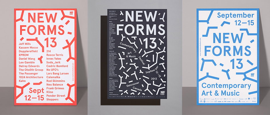 Three posters for the “New Forms 13” contemporary art and music festival. Each features bold typography and a network of white, red or blue lines resembling a map or circuit board. The posters list the dates “September 12–15” and a line-up of artists.