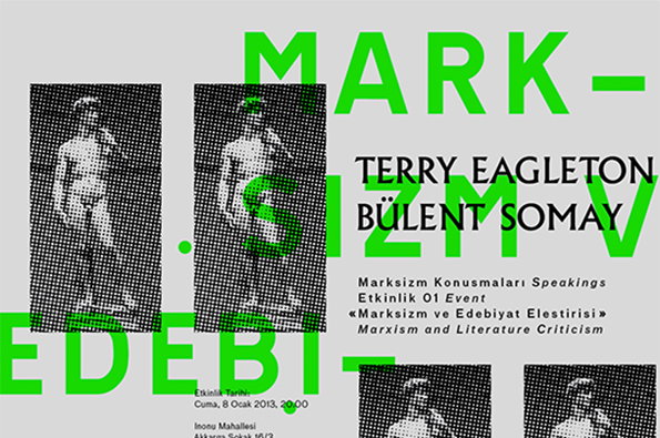 A graphic poster with bright green and black text on a grey background. Large, fragmented lettering reads “MARK-SIZM” and “EDEBI”, while smaller text lists speakers “Terry Eagleton” and “Bülent Somay”. The event title is listed as “Marxism and Literature Criticism”. Two halftone images of a classical statue are repeated across the composition.