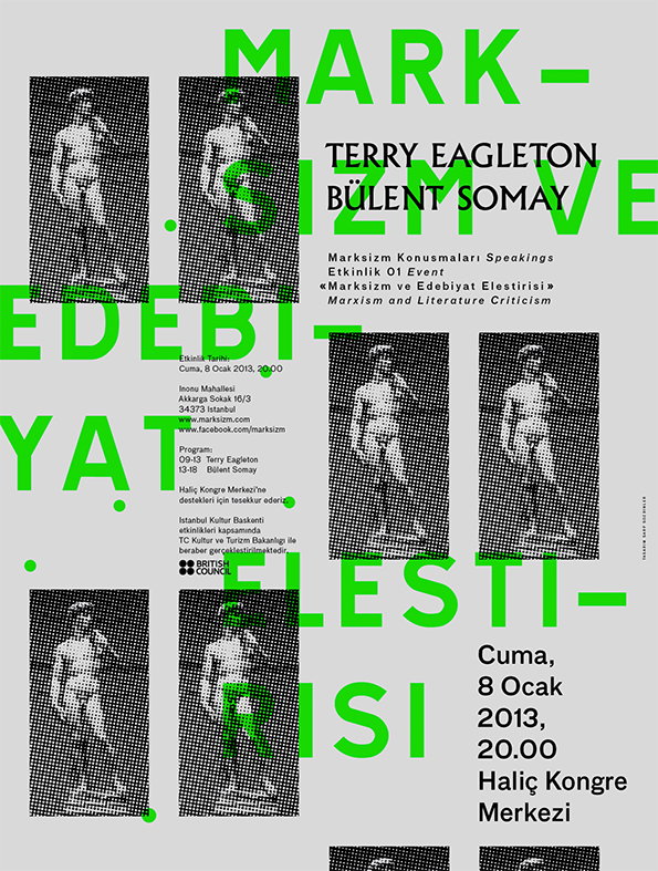 A graphic poster featuring a lime green and white colour scheme with halftone images of a classical nude statue. Large, fragmented green text reads “MARK- SİZM VE EDEBİ- YA- LESTİ- RISI”. The poster lists speakers Terry Eagleton and Bülent Somay for an event titled “Marxism and Literature Criticism”. Event details include the date “Cuma, 8 Ocak 2013, 20.00” and the venue “Haliç Kongre Merkezi”.