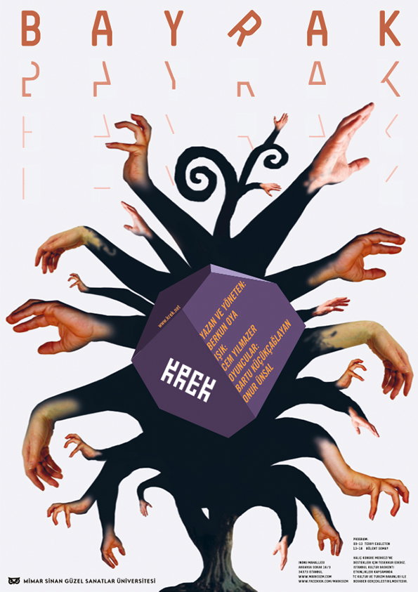 A movie poster featuring a dark, tree-like silhouette with human hands emerging from its branches. A purple geometric shape is centred over the trunk, displaying the word “KREK” and a list of credits. The top of the poster reads “BAYRAK” in a stylised, blocky typeface.