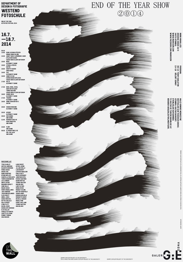 A black and white poster for the “End of the Year Show 2014” at Westend Fotoschule. A series of thick, sweeping black brushstrokes curve across the centre of the page. Detailed schedules and a participant list are printed in small type on either side of the graphic.