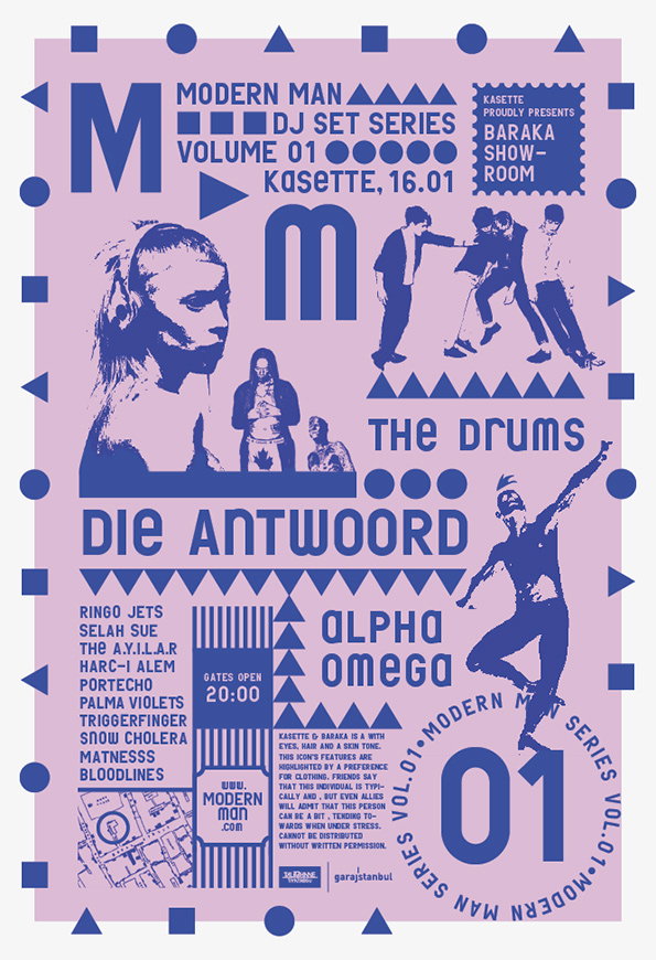 A purple and blue typographic poster for “Modern Man DJ Set Series Volume 01” at “Kasette, 16.01”. It features high-contrast silhouettes of people and a line-up of artists including “Die Antwoord” and “Alpha Omega”.