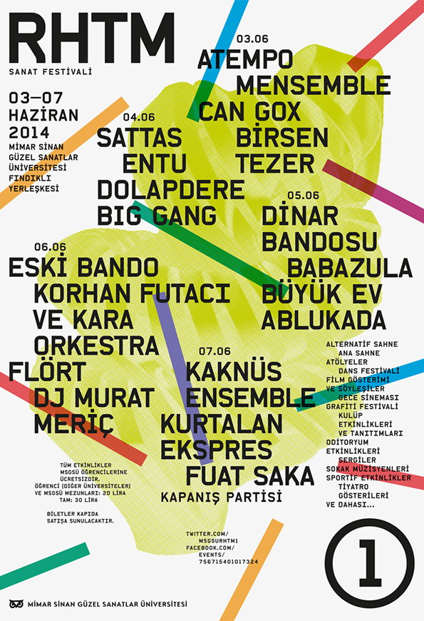 A typographic poster for the “RHTM Sanat Festivali”, dated 03–07 June 2014. The layout features a lime green organic shape overlaid with a list of performers and events across several dates.