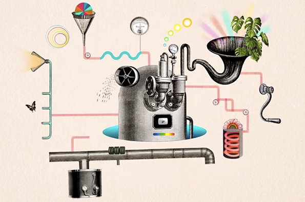 A surreal collage of a complex machine made from vintage technical diagrams. A plant grows from a horn-shaped outlet, while a small play button icon and a colour palette sit on the central body.