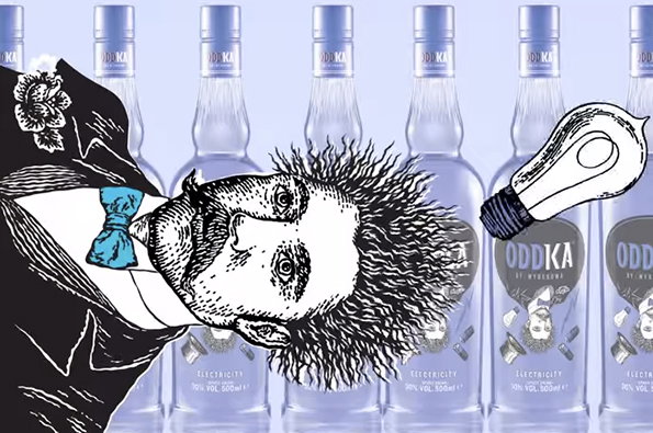 An illustration of a person with wild, spiky hair and a blue bow tie, lying horizontally across the frame. Behind them, a row of clear vodka bottles feature a label that reads “Oddka”.