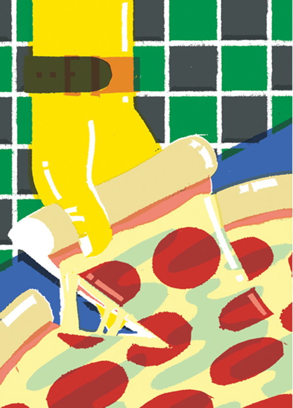 An illustration of a yellow hand holding a slice of pepperoni pizza. The scene is set against a green and black checkered background.
