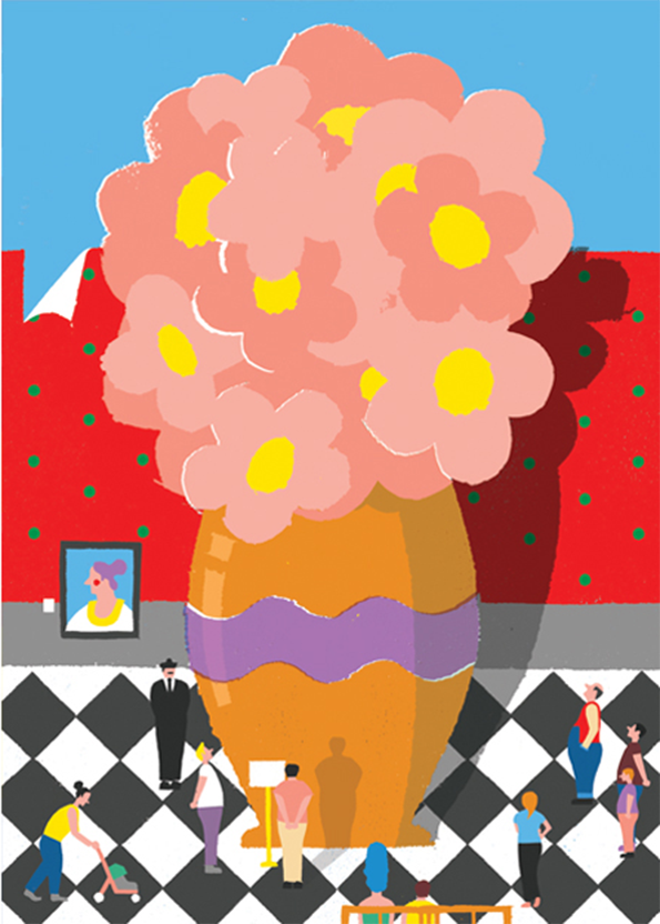 An illustration of a giant orange vase filled with oversized pink flowers. The vase sits on a black and white checkered floor, surrounded by small figures of people.