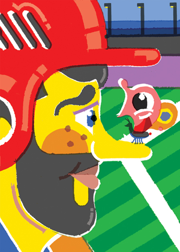 An illustration of a person with yellow skin and a dark beard wearing a red helmet. They look closely at a small, pink, stylized creature perched on the end of their nose.
