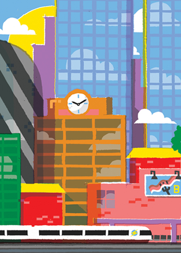 An illustration of a colourful, stylised city skyline with tall blue skyscrapers and a central orange building topped with a clock. A white train passes along the bottom of the frame in front of a row of bright red and green buildings.