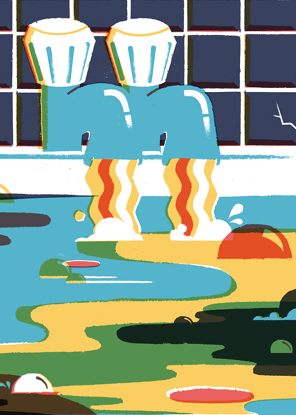 An illustration of two blue, stylized figures standing in a pool of colourful, swirling liquids. They wear white, faceted headpieces and have wavy, orange-striped legs.