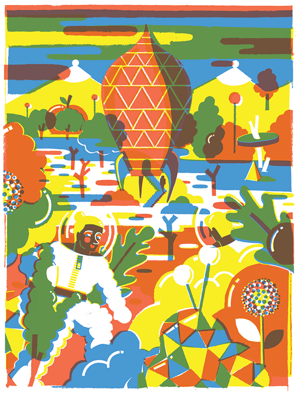 A colourful illustration of two figures in spacesuits exploring a surreal, geometric landscape. A large, orange patterned balloon floats above a horizon of blue water and yellow hills.