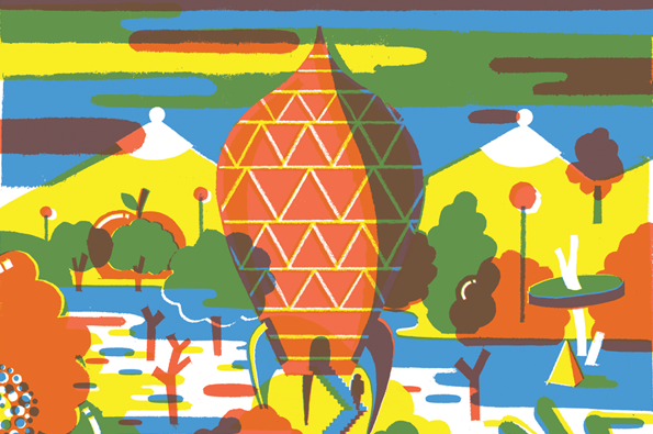 A colourful illustration of a large, red teardrop-shaped structure with a white triangular grid pattern. It stands in a stylised landscape of yellow hills, green trees and blue water under a striped sky.