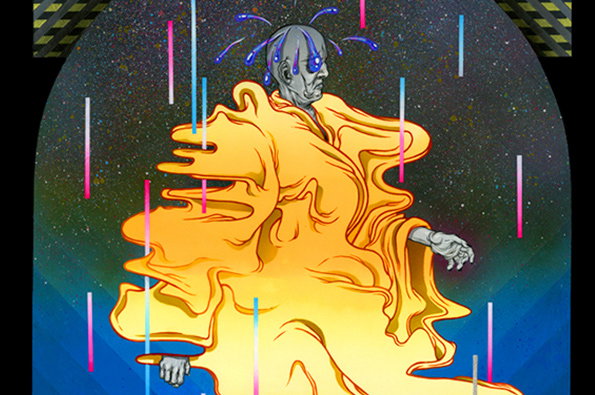 An illustration of a figure with a grey, textured face and a third eye on their forehead. They are draped in voluminous, flowing yellow fabric and surrounded by floating, multicoloured neon lines against a dark, starry sky.
