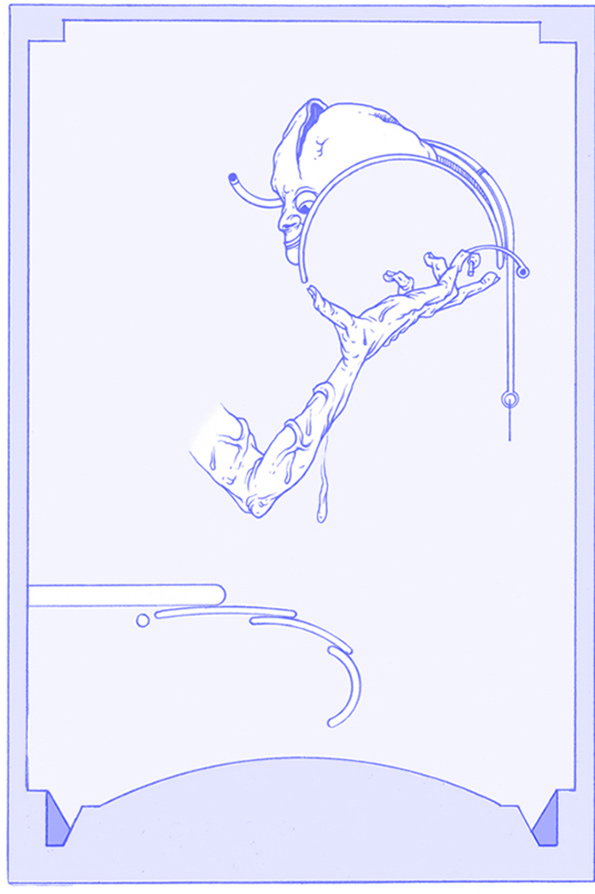A blue line illustration of a surreal figure with a distorted face and an elongated, skeletal arm. The figure holds a thin circular hoop that frames their head and hand.