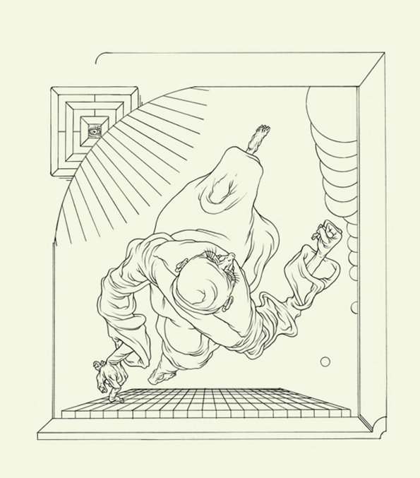 A line illustration of a figure in flowing robes floating in a surreal, box-like room. The figure reaches down towards a tiled floor, while a small eye watches from a square opening in the ceiling.