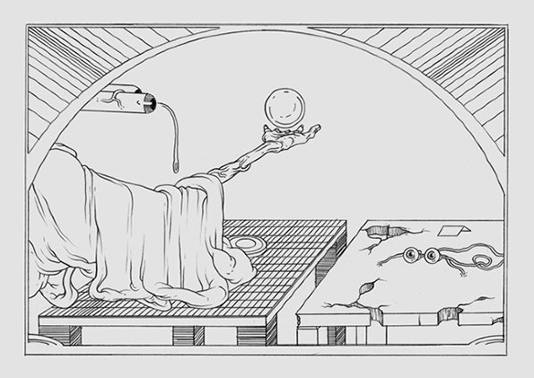 A black and white line illustration of a figure draped in a cloth, lying on a platform. One arm reaches out to balance a glass sphere in their palm.