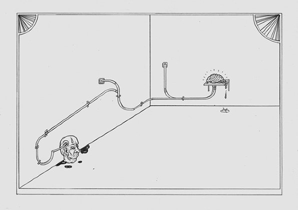 A line drawing of a person’s head emerging from a floor in a sparse room. A pipe connects the person’s head to a brain resting on a small plinth.