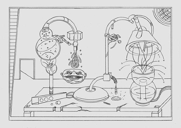 A line drawing of a surreal laboratory. Complex glass tubes and flasks are connected by pipes, with a floating head and a small creature suspended in the centre.