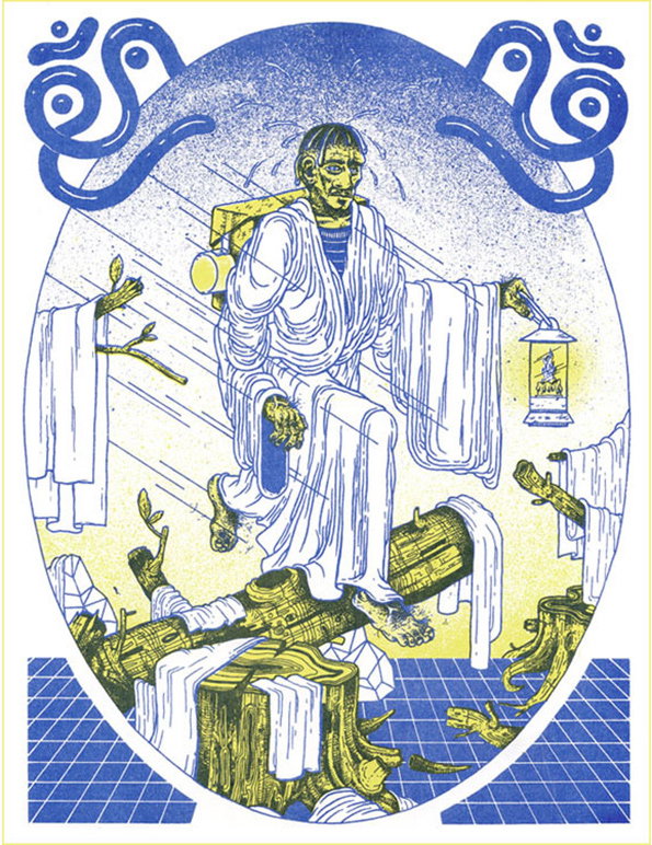 An illustration of a figure in flowing white robes walking across a fallen log. They carry a lantern in one hand and a wooden tool over their shoulder against a blue background.