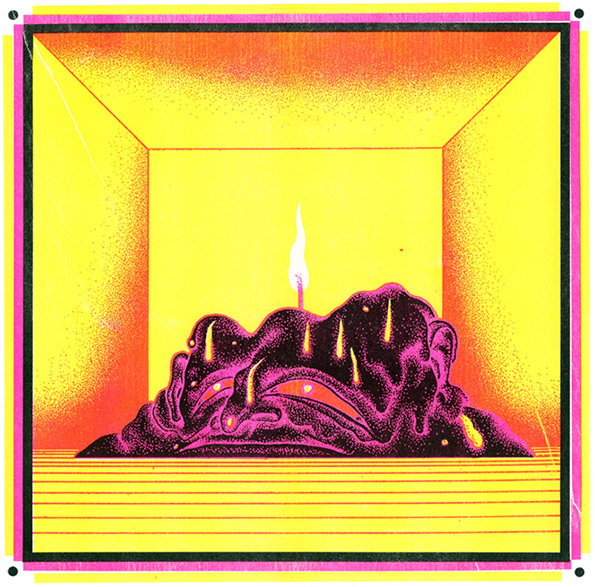 An illustration of a melting, purple wax figure in a bright yellow room. A single flame burns from the top of the figure’s head.