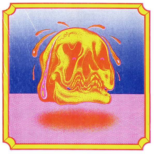 An illustration of a distorted, yellow organic shape that resembles a melting face. It floats above a pink surface against a blue gradient background, framed by a yellow and red border.