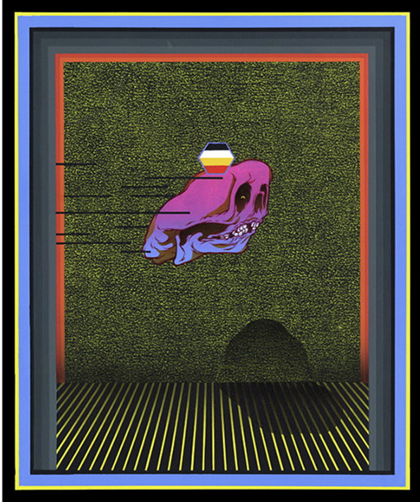 A digital collage of a purple skull floating against a textured green background. A small, multi-coloured geometric shape sits atop the skull, while a dark shadow is cast on the striped floor below.