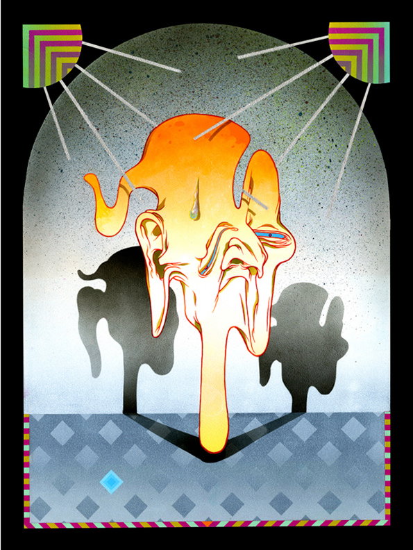 An illustration of a distorted, melting face in shades of orange and yellow. The figure is pierced by several thin white lines emanating from two colourful geometric squares in the top corners.