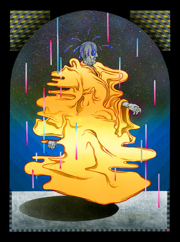 An illustration of a figure draped in a flowing, molten yellow cloak that swirls around them. They have a grey face and blue glowing antennae, floating against a starry night sky.