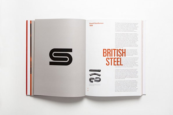An open book shows a design spread for David Gentleman. The left page features a large, bold black logo of a stylised “S”, while the right page contains a column of text and the words “British Steel” in orange.