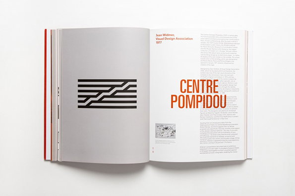 An open book shows a graphic design spread. The left page features a black and white abstract logo of parallel lines, while the right page contains text and the words “CENTRE POMPIDOU” in bold orange capitals.