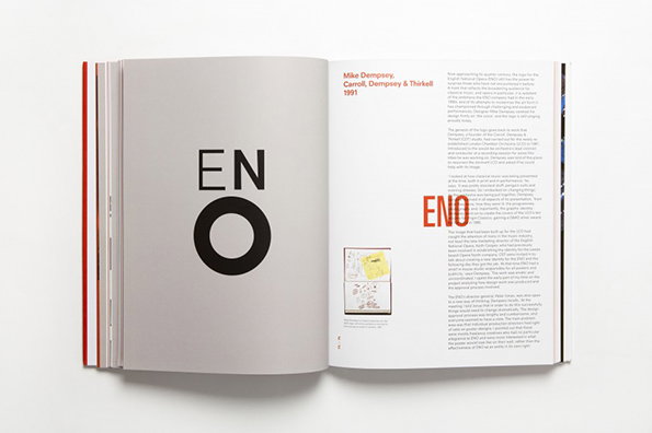 An open book shows a design project for Brian Eno. The left page features a large, bold typographic logo reading “ENO”, while the right page contains project credits and descriptive text.