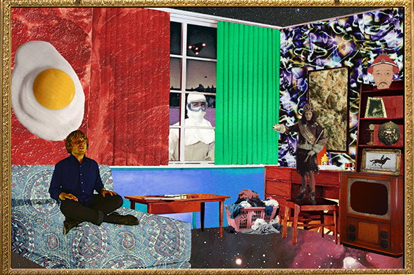 A surreal collage of a room with a person sitting cross-legged on a patterned blue sofa. A giant fried egg floats against a red wall, while a figure in a white suit peers through a window.