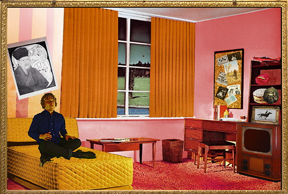 A collage of a person sitting on a yellow quilted daybed in a room with pink walls and red carpeting. To their left, a large black and white portrait is pinned to a striped wall.