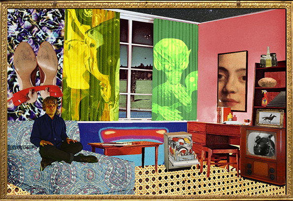 A digital collage of a surreal interior scene set within an ornate gold frame. A person in a blue shirt sits on a patterned blue sofa, surrounded by oversized images of shoes, a face, and a green figure behind curtains.
