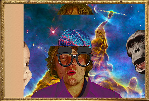 A surreal digital collage set within an ornate gold frame. A person wearing thick black glasses and a purple garment is centered against a cosmic background of stars and nebulae, with a blue brain resting on their head. A gorilla’s face and a partial figure appear on either side.
