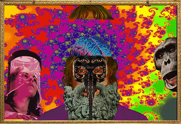 A surreal collage set against a vibrant, psychedelic background of swirling red, yellow and purple patterns. A central figure wears an ornate black mask and a textured grey beard, with a blue brain resting on their head. To the left, a person is enclosed in a clear plastic dome, and to the right, a chimpanzee looks on with an open mouth.