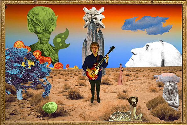 A surreal collage in a gold frame shows a person playing an electric guitar in a desert. They are surrounded by disparate elements, including a giant green plant, a skyscraper topped with a sculpture, and a large white profile of a face.