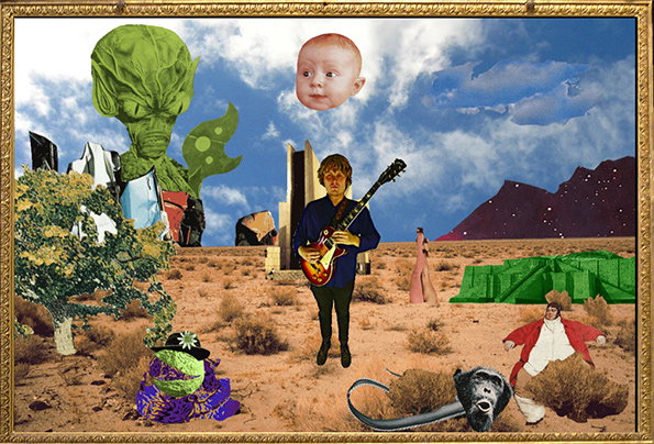 A surreal collage set in a desert landscape, framed in an ornate gold border. A person holding an electric guitar floats in the centre, beneath a giant baby’s head in a cloudy sky.