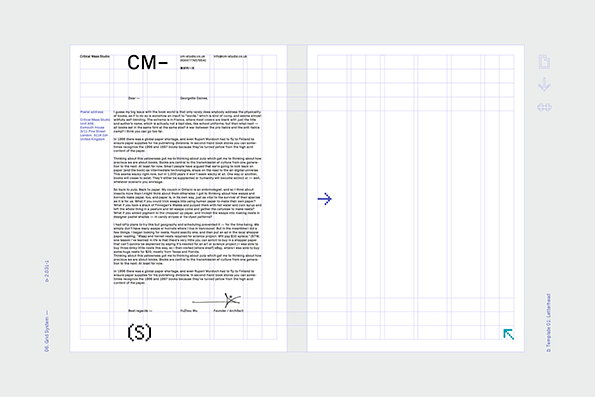 A layout of a corporate letterhead on a white grid background. The left page contains a formal letter with the “CM–” logo at the top and a block of text addressed to “Georgitte Barnes”.