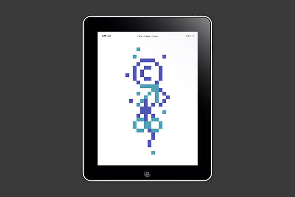 A tablet displays a white screen with a blue and teal pixel art figure in the centre. Small navigation text at the top reads “Profile”, “Projects” and “Contact”.