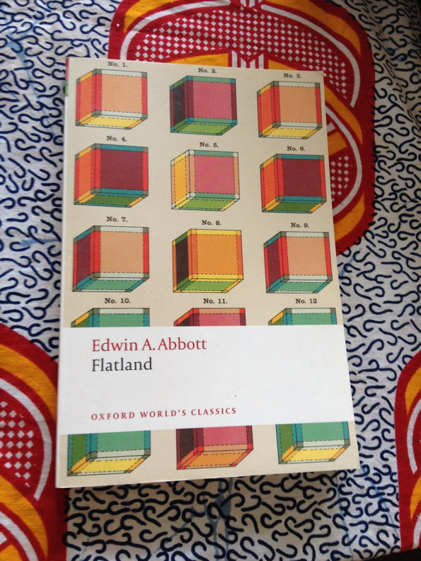 The cover of the book Flatland by Edwin A. Abbott. The top half features a grid of 12 colourful 3D cubes, each labelled “No.” followed by a number. Below the title, the text reads “Oxford World’s Classics”.