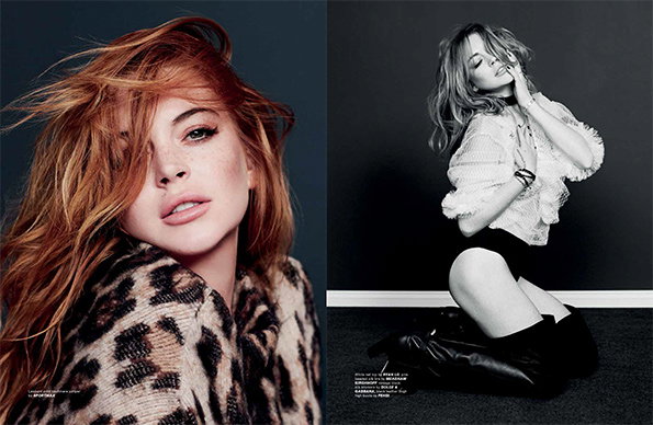 A split image showing two fashion portraits. On the left, a person with red hair and freckles wears a leopard-print coat. On the right, a black and white photo shows a person in a white blouse and black shorts kneeling on a dark floor.