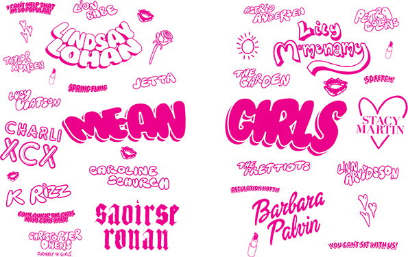 A bright pink illustration of a guest list styled like a teenage diary. The words “Mean Girls” are written in large, bubbly letters across the centre, surrounded by names including “Lindsay Lohan”, “Charli XCX” and “Saoirse Ronan”. Small doodles of lips, hearts and lipstick are scattered throughout.