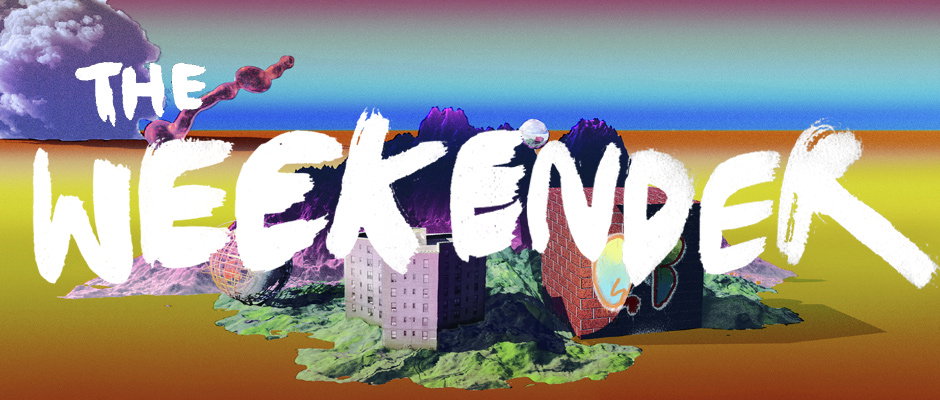A digital collage featuring a surreal landscape with a building and a brick wall set against a gradient sky. Large, white brushstroke typography across the centre reads “THE WEEKENDER”.