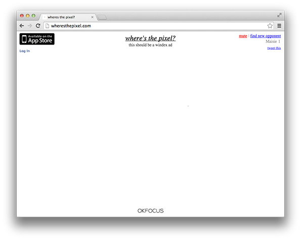 A screenshot of a minimalist website titled “where’s the pixel?”. The white page contains a small “Available on the App Store” badge and the phrase “this should be a windex ad”.