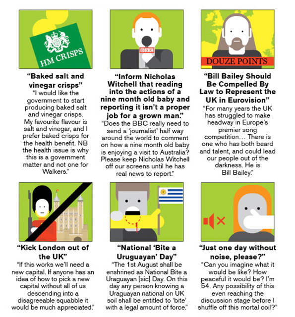 A grid of six satirical comic panels, each featuring a simple illustration above a block of text. The panels include a parody of the royal coat of arms for “HM Crisps” and a call for Bill Bailey to represent the UK in Eurovision.
